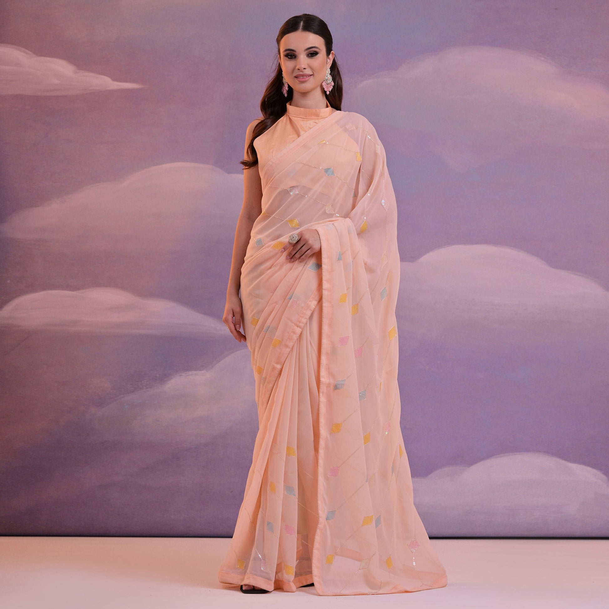 Light Peach Sequins Embroidered Georgette Saree