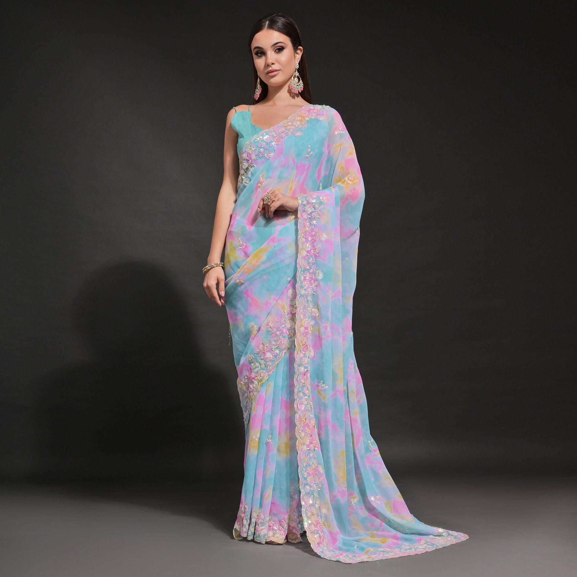 Blue Sequins Embroidered With Printed Georgette Saree