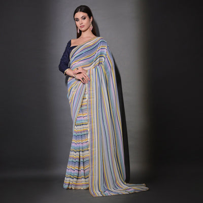 Blue Striped Printed With Sequins Embroidered Georgette Saree