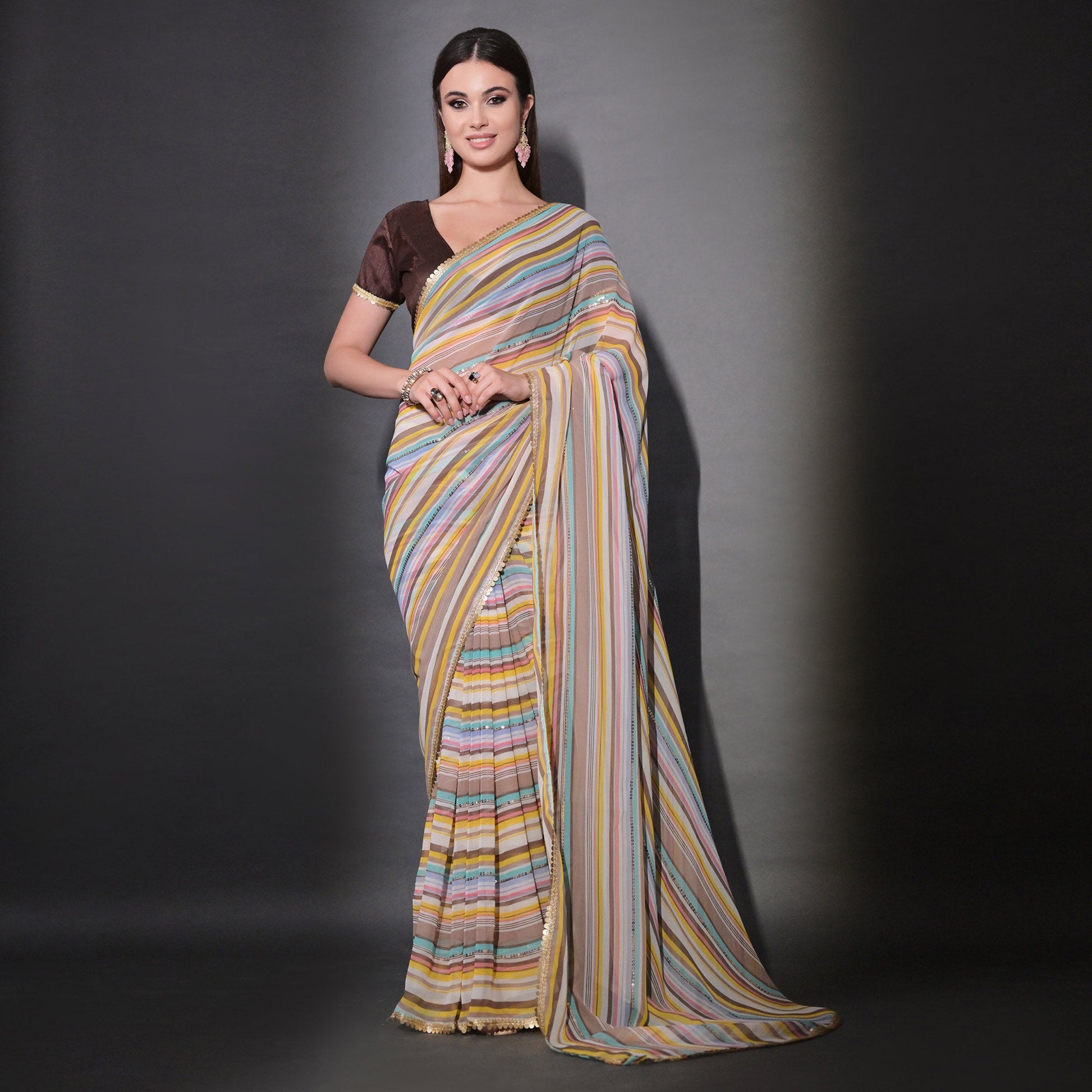 Brown Striped Printed With Sequins Embroidered Georgette Saree
