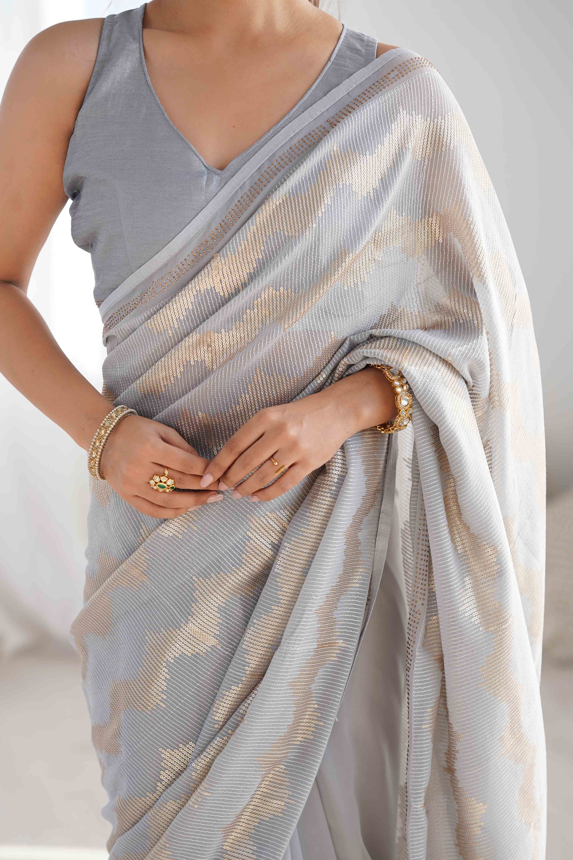 Grey Sequins Embroidered Georgette Saree