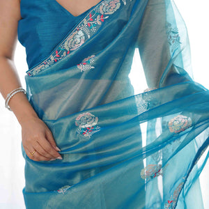 Dusty Teal Floral Embroidered Net Saree