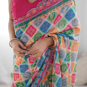 Multicolor Bandhani Printed Chinon Saree