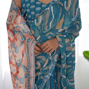 Light Teal Floral Printed Chinon Saree
