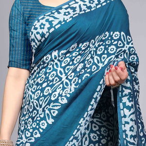 Morpich Blue Floral Printed Chanderi Cotton Silk Lagdi patta Saree
