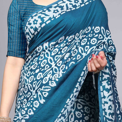 Morpich Blue Floral Printed Chanderi Cotton Silk Lagdi patta Saree