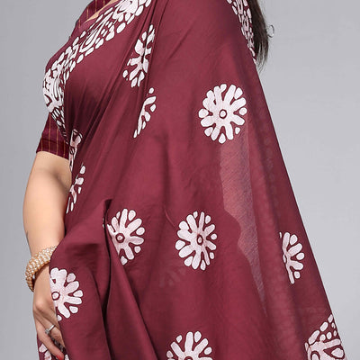 Maroon Floral Printed Chanderi Cotton Silk Lagdi patta Saree
