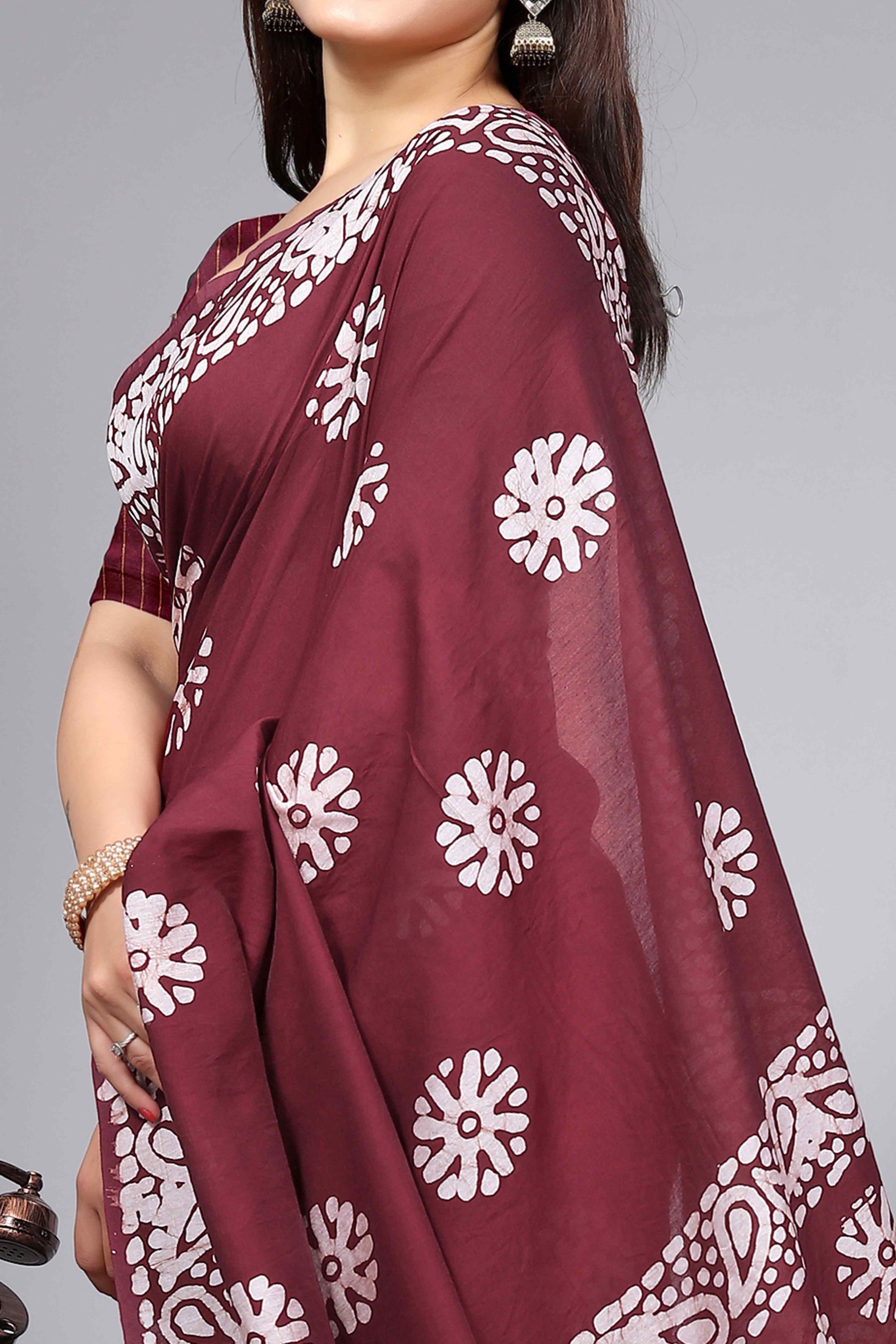 Maroon Floral Printed Chanderi Cotton Silk Lagdi patta Saree