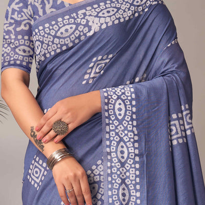 Lavender Batik Printed Chanderi Cotton Silk Saree