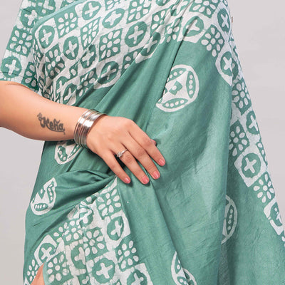 Dusty Green Batik Printed Chanderi Cotton Silk Saree
