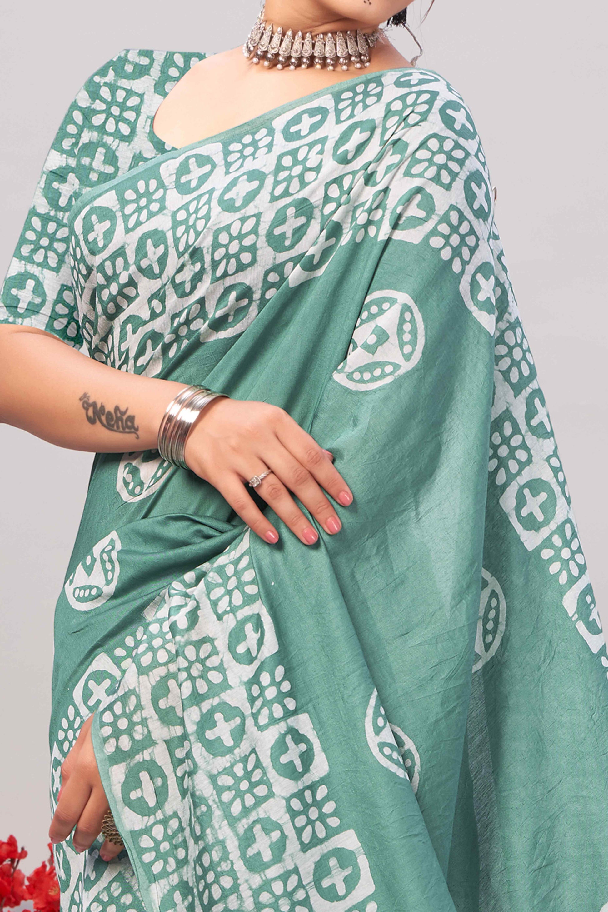 Dusty Green Batik Printed Chanderi Cotton Silk Saree