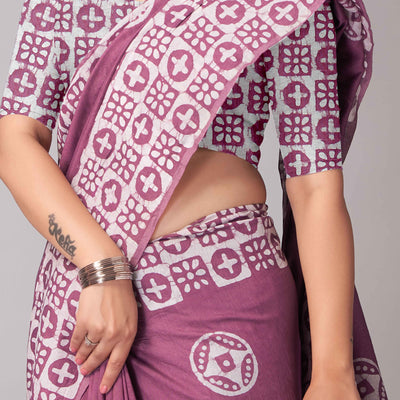 Light Wine Batik Printed Chanderi Cotton Silk Saree