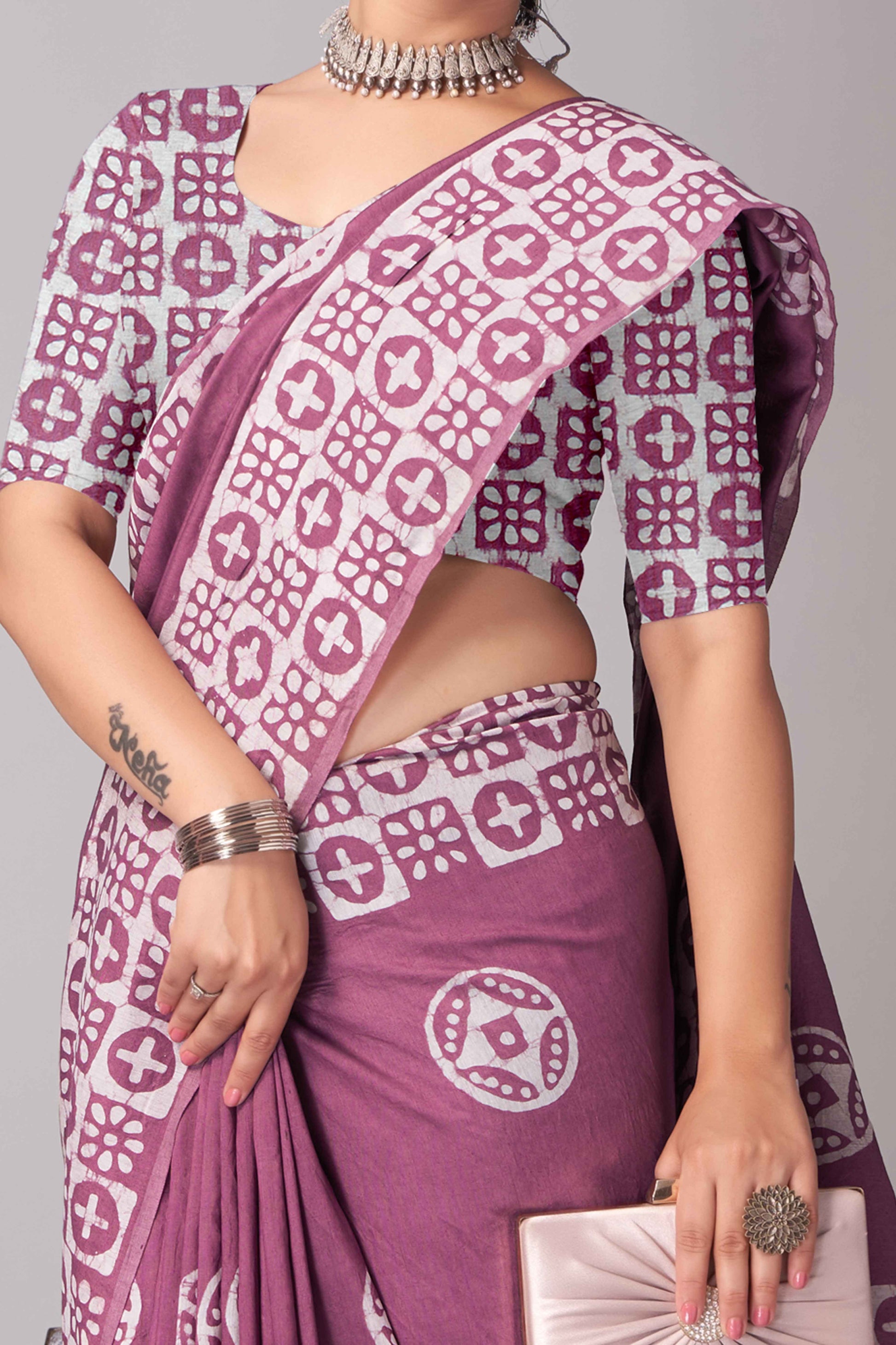 Light Wine Batik Printed Chanderi Cotton Silk Saree