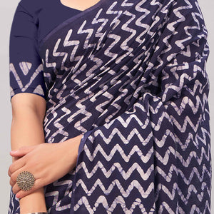 Dark Blue Zig Zag Batik Printed Chanderi Cotton Silk Saree