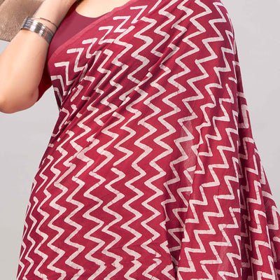 Maroon Zig Zag Batik Printed Chanderi Cotton Silk Saree