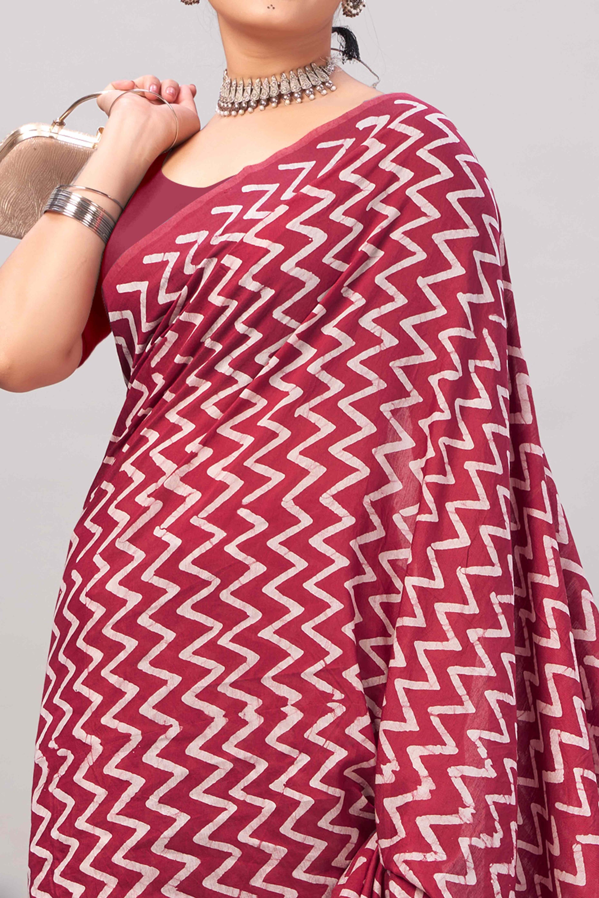 Maroon Zig Zag Batik Printed Chanderi Cotton Silk Saree