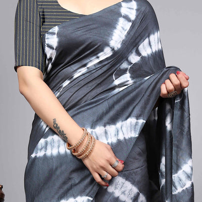 Grey Shibori Leheriya Printed Chanderi Cotton Silk Lagdi Patta Saree