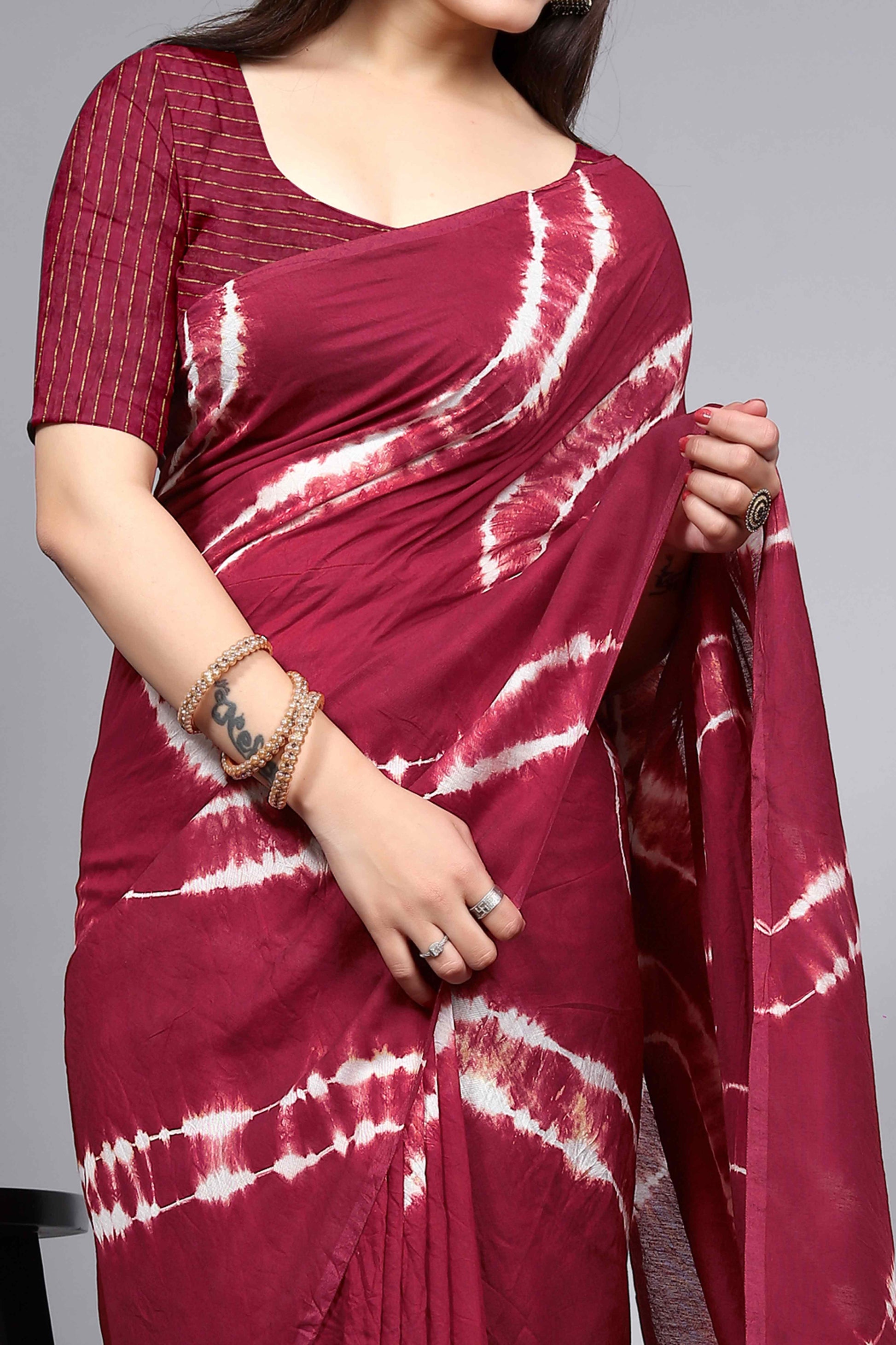 Maroon Shibori Leheriya Printed Chanderi Cotton Silk Lagdi Patta Saree