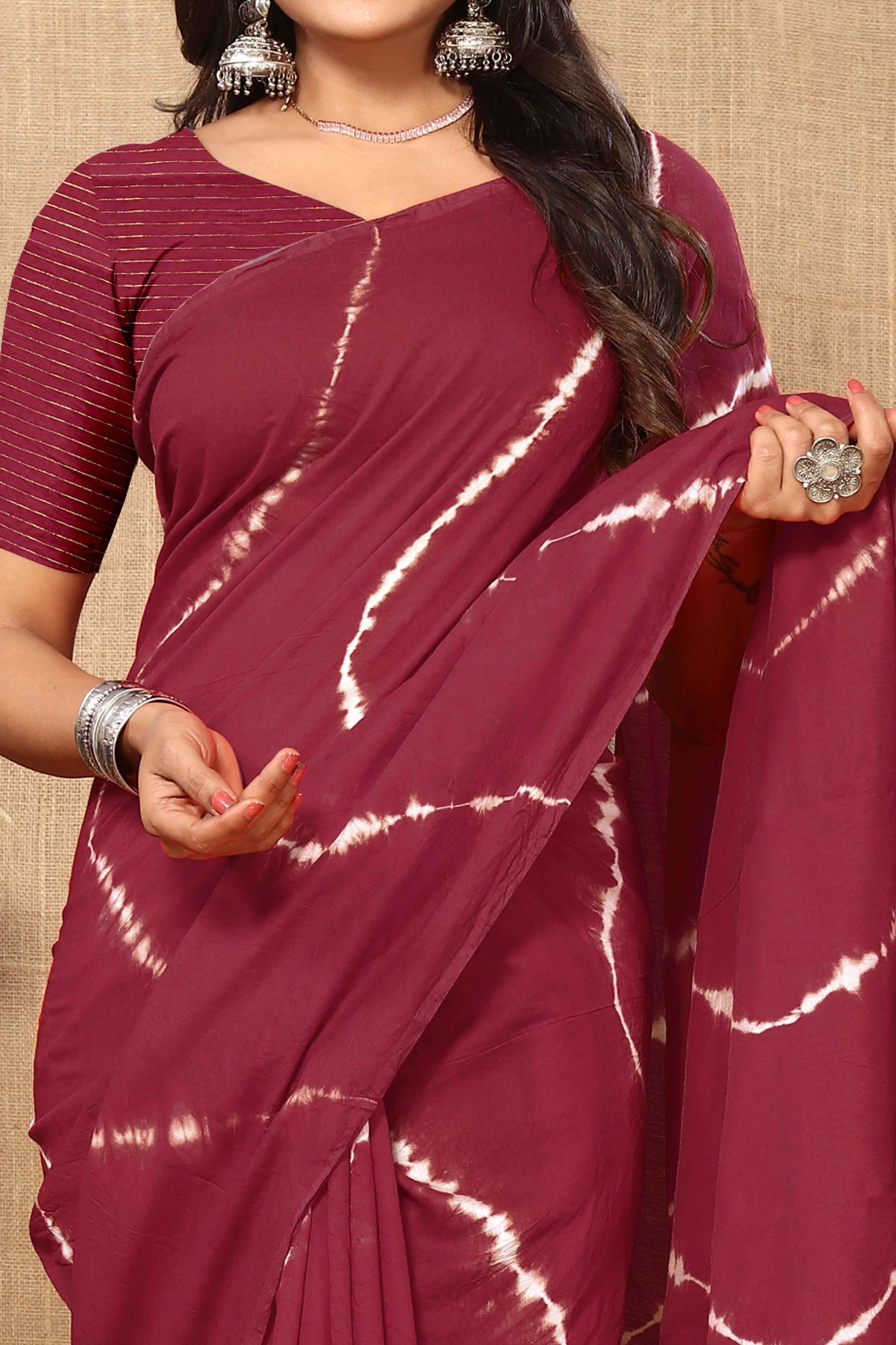 Maroon Leheriya Printed Chanderi Cotton Silk Lagdi Patta Saree
