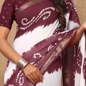 Burgundy & White Bandhani Printed Mul Mul Pure Cotton Saree