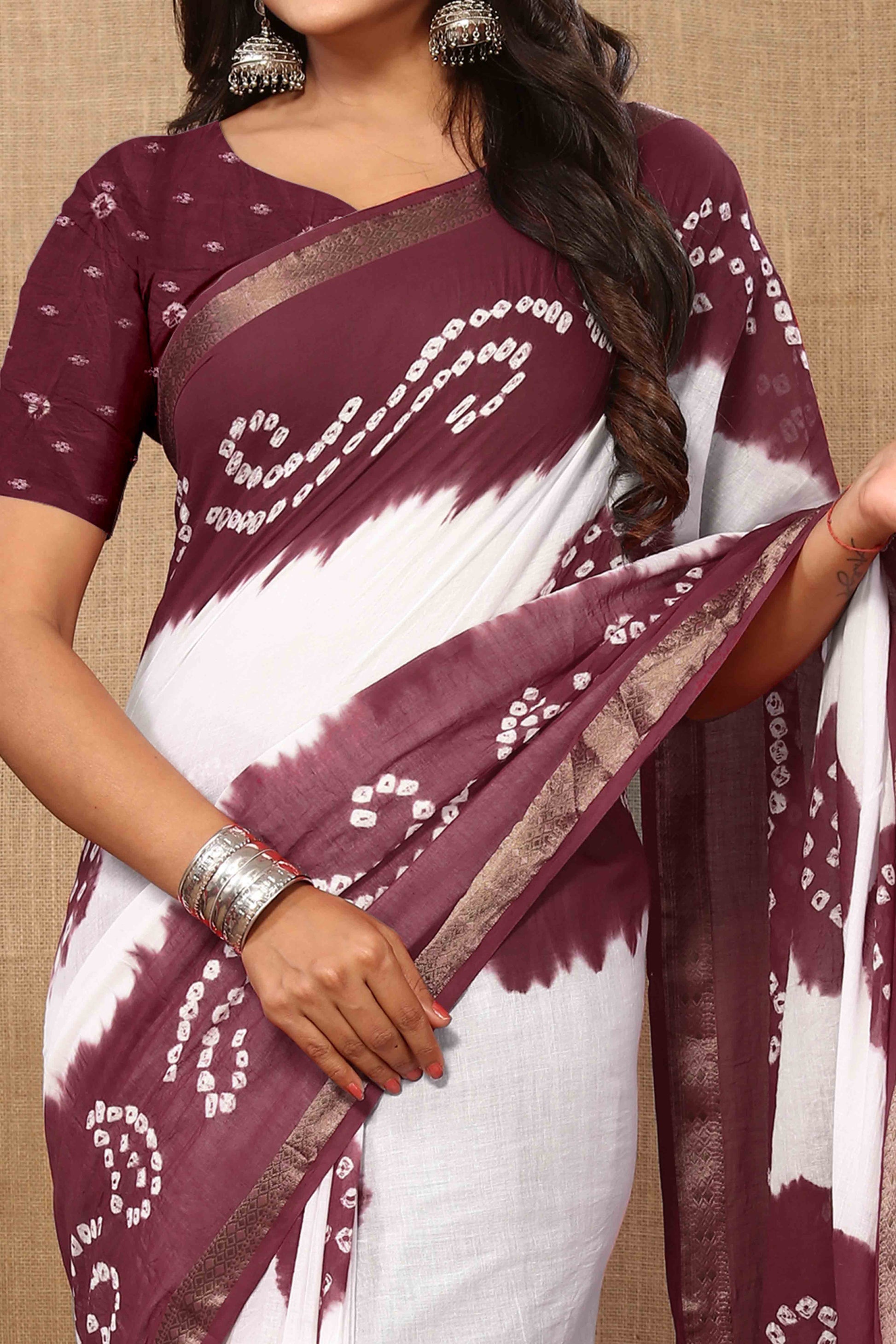 Burgundy & White Bandhani Printed Mul Mul Pure Cotton Saree
