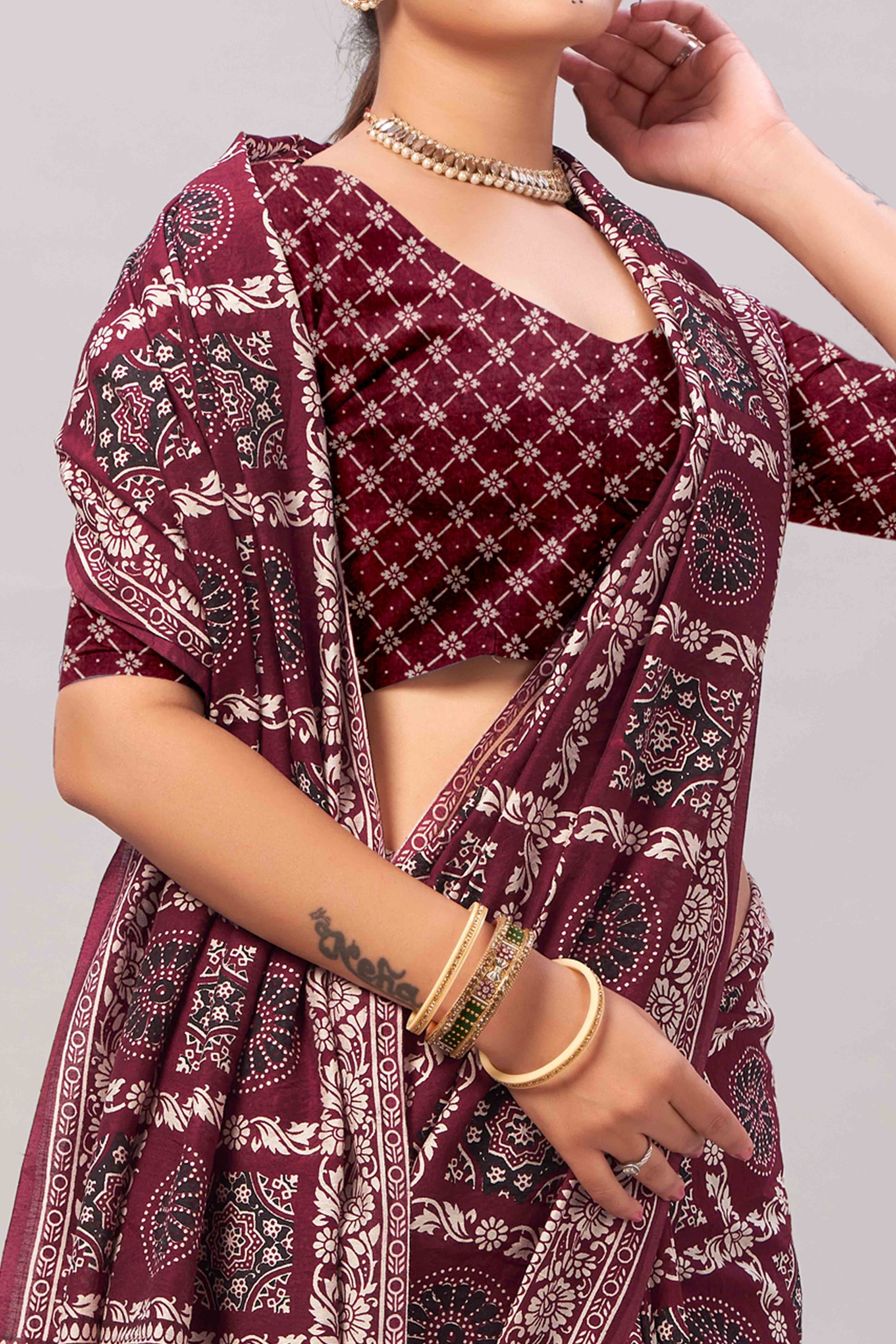 Maroon Ajrakh Printed Cotton Blend Saree