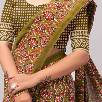 Mehendi Green Ajrakh Printed Cotton Blend Saree