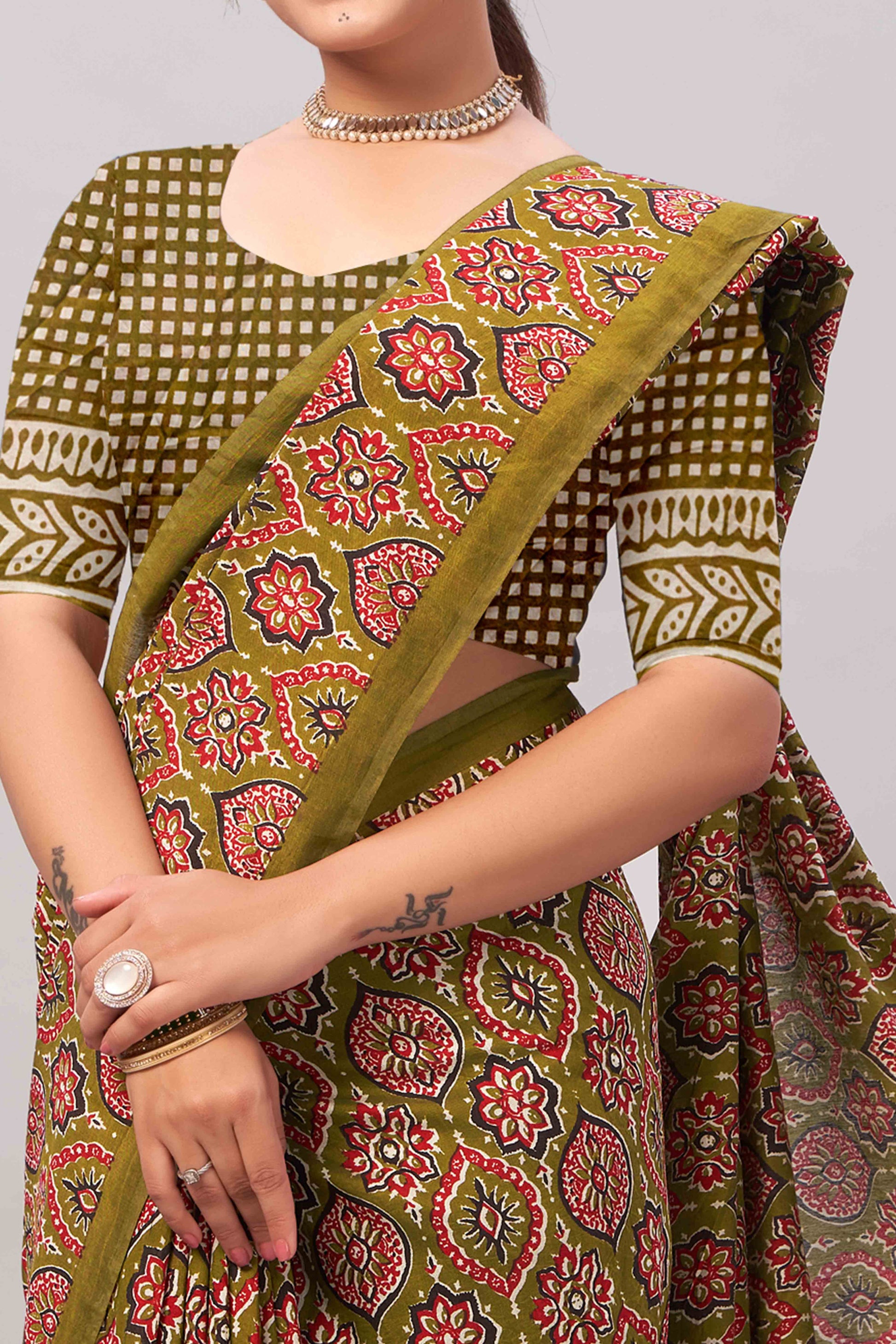 Mehendi Green Ajrakh Printed Cotton Blend Saree