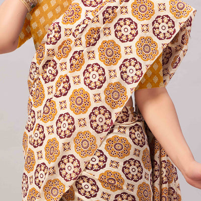 Cream & Mustard Ajrakh Printed Cotton Blend Saree