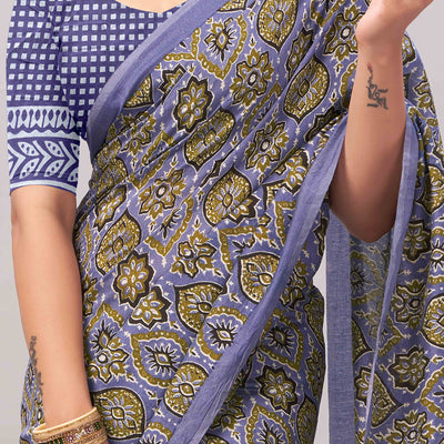 Light Lavender Ajrakh Printed Cotton Blend Saree