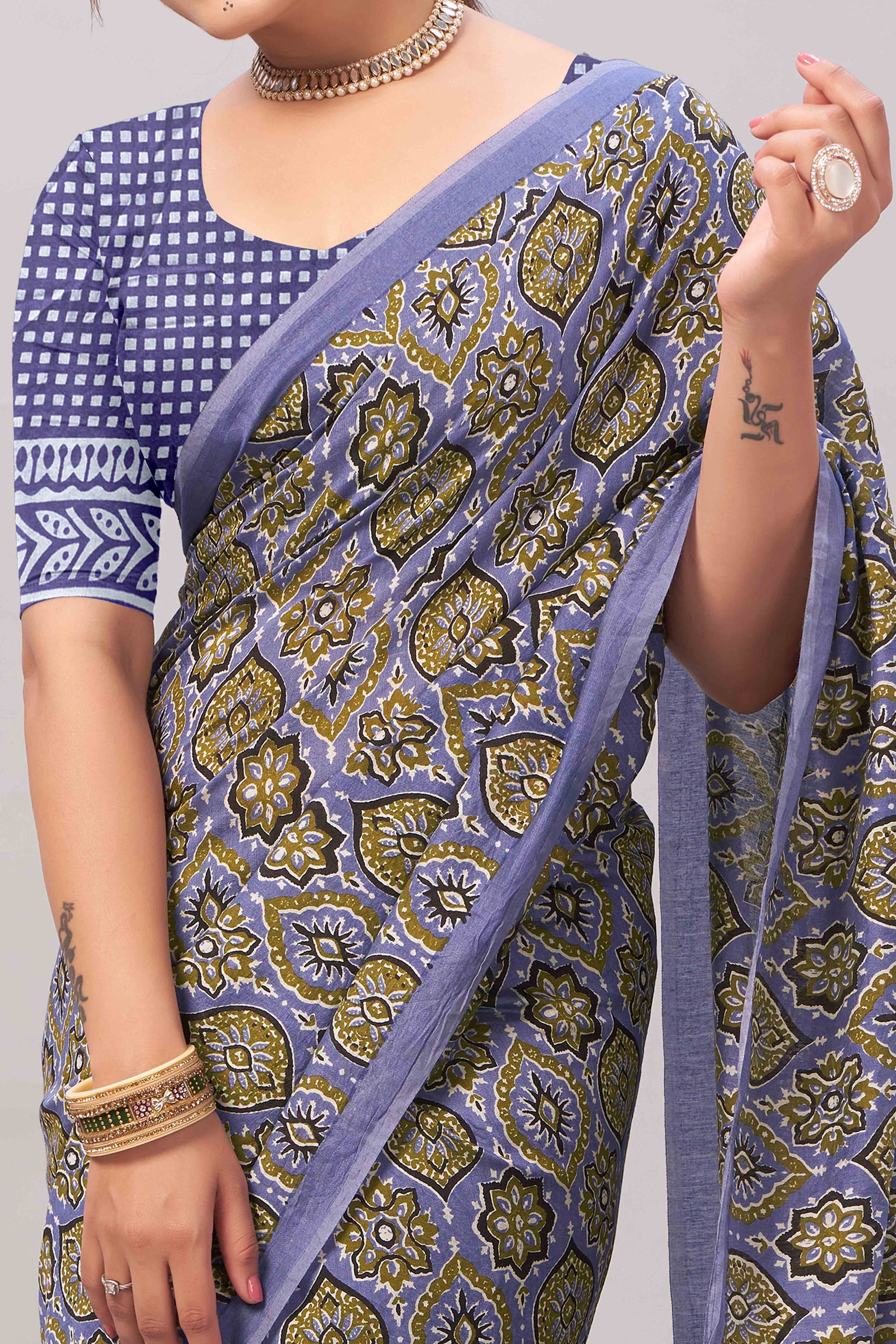 Light Lavender Ajrakh Printed Cotton Blend Saree