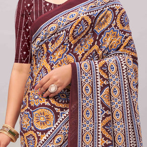Dark Maroon Ajrakh Printed Cotton Blend Saree