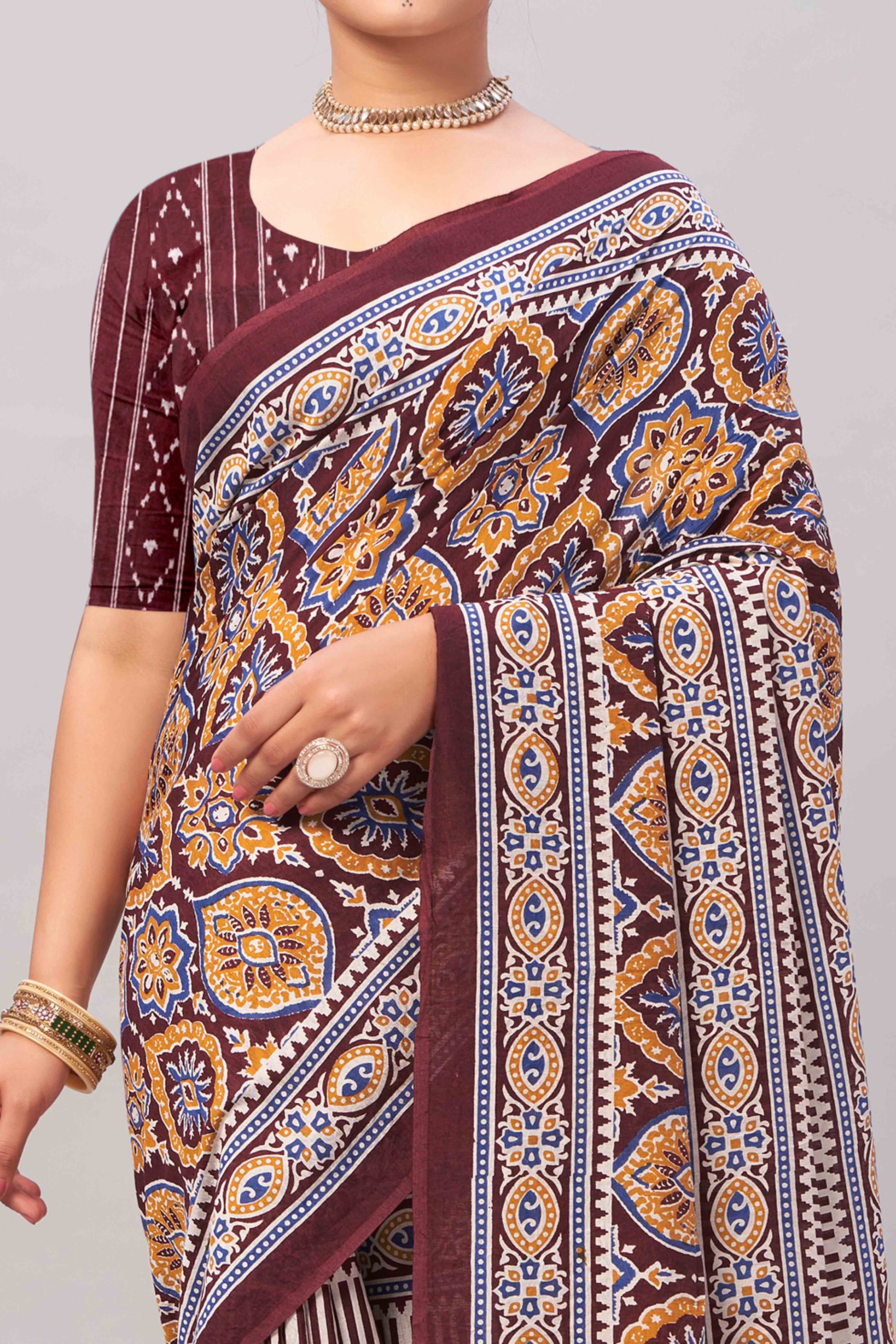 Dark Maroon Ajrakh Printed Cotton Blend Saree