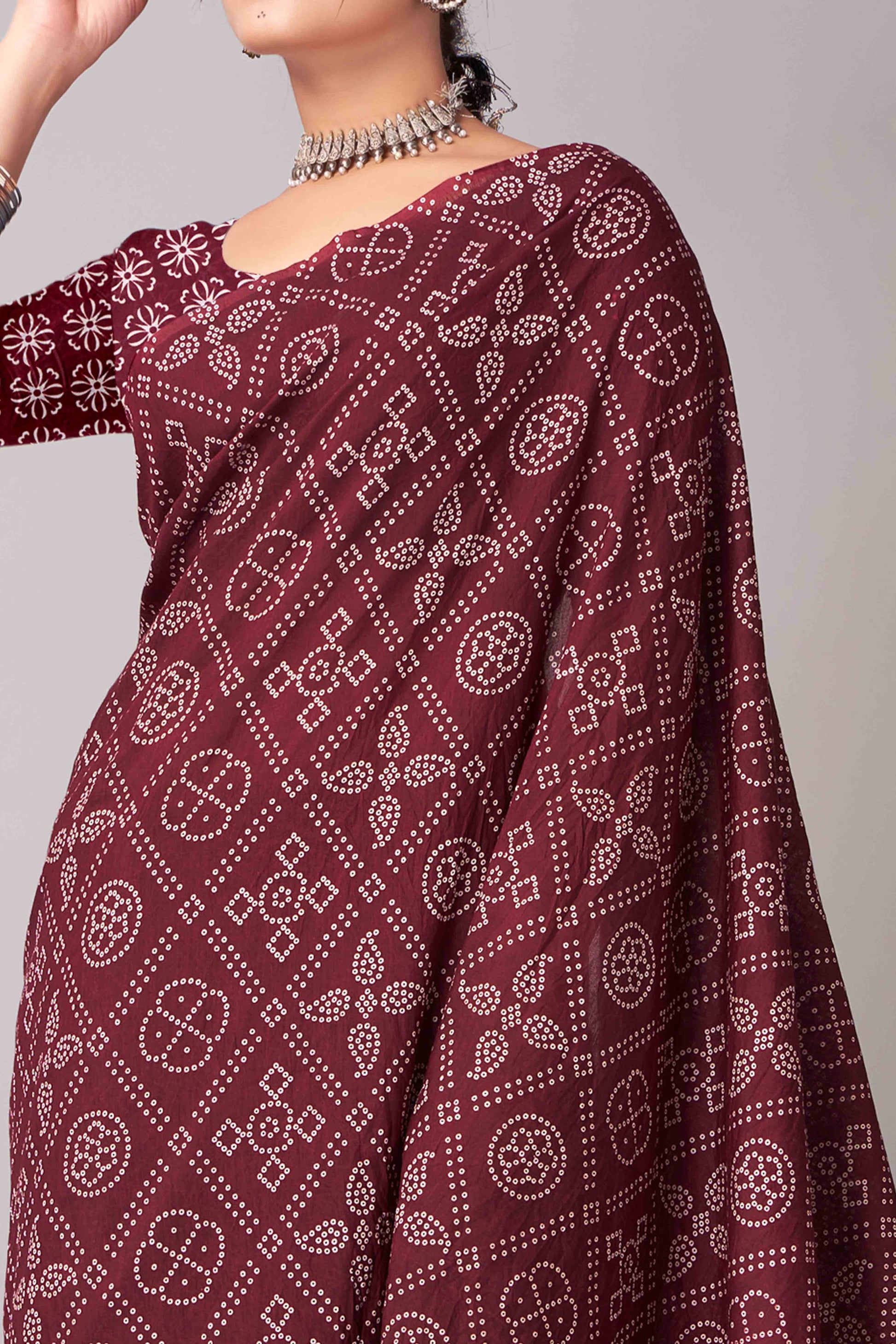 Dark Maroon Ajrakh Printed Cotton Blend Saree