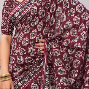 Dark Maroon Ajrakh Printed Cotton Blend Saree