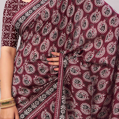 Dark Maroon Ajrakh Printed Cotton Blend Saree