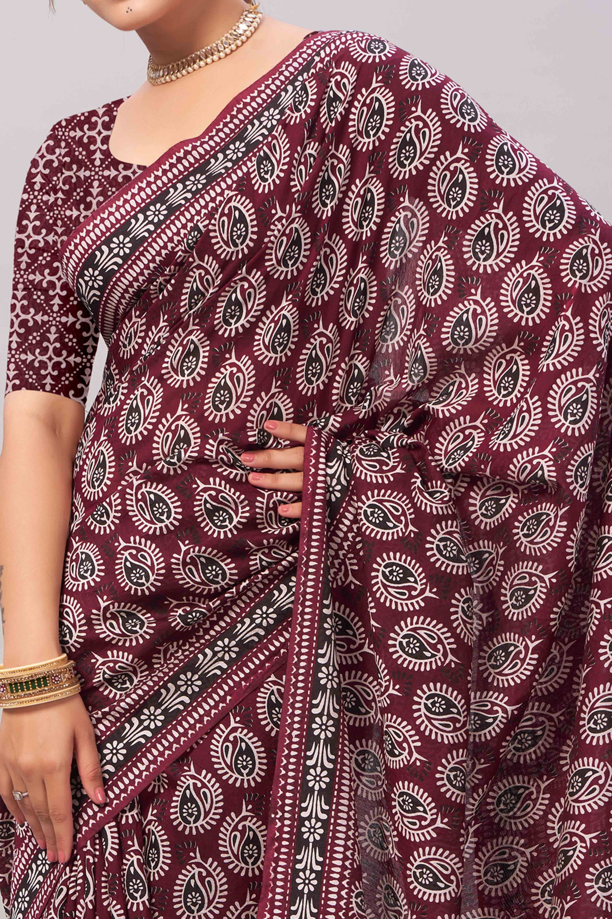 Dark Maroon Ajrakh Printed Cotton Blend Saree