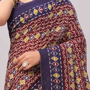 Maroon & Blue Ajrakh Printed Cotton Blend Saree