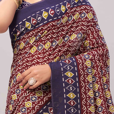 Maroon & Blue Ajrakh Printed Cotton Blend Saree
