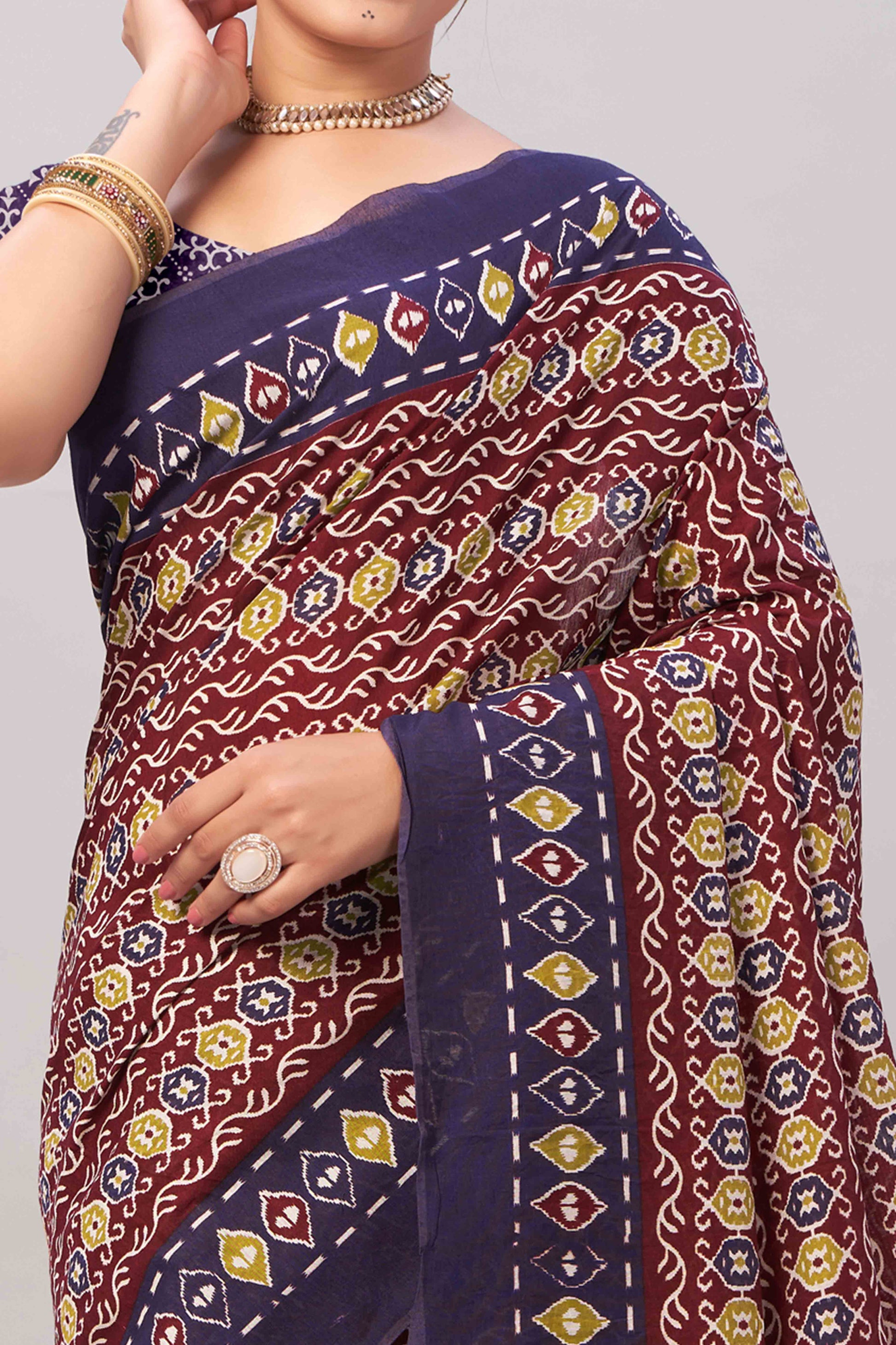 Maroon & Blue Ajrakh Printed Cotton Blend Saree