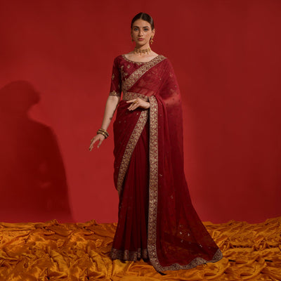 Maroon Sequins Embroidered Georgette Saree