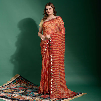 Maroon Leheriya Printed With Embroidered Border Chiffon Saree