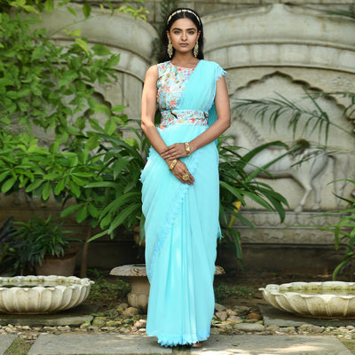 Blue Solid Georgette Saree With Embroidered Bloue Piece