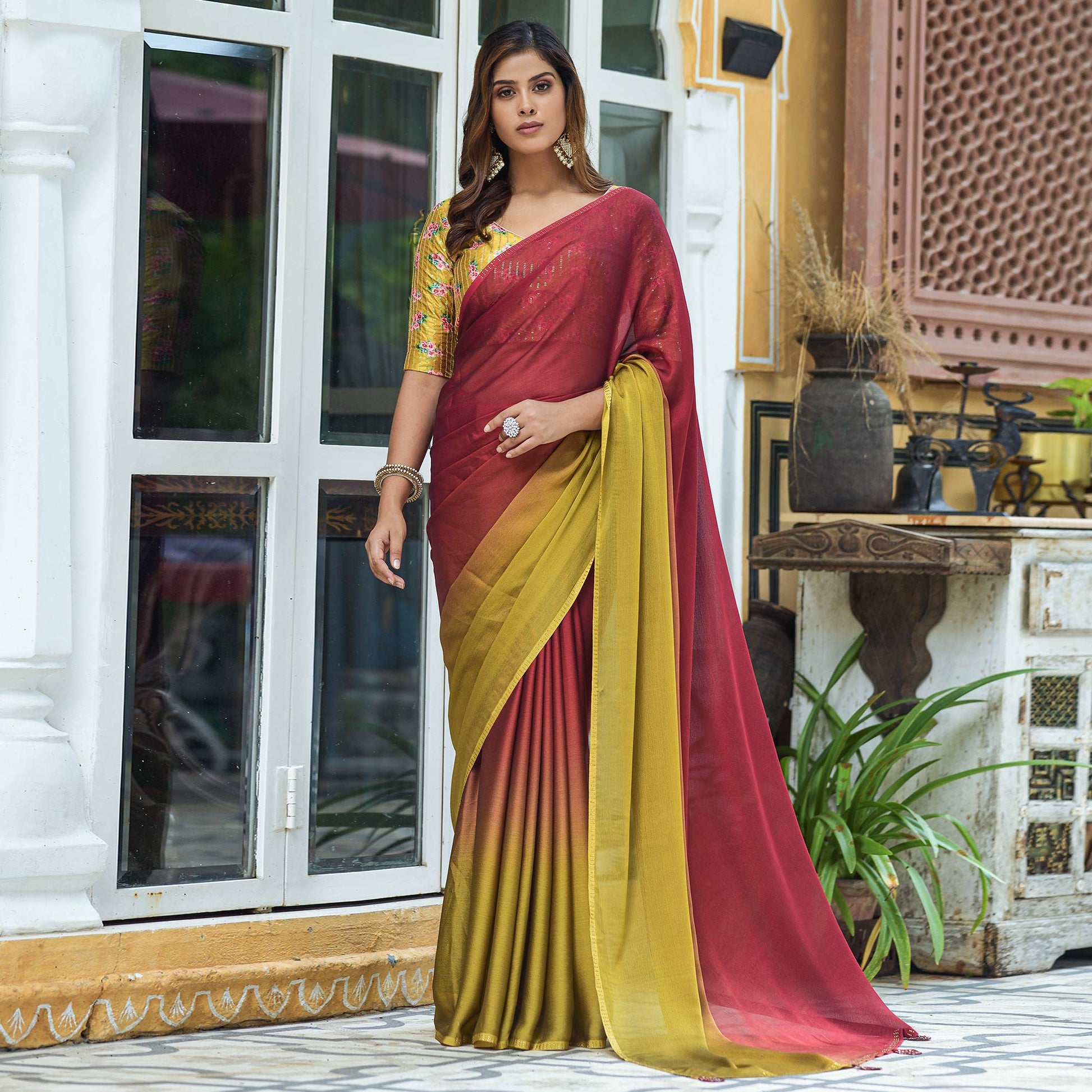 Maroon & Yellow Solid Chiffon Saree With Tassels