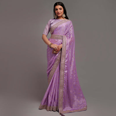Light Purple Foil Printed With Embroidered Border Chinon Saree