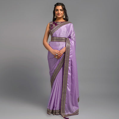 Light Purple Foil Printed With Embroidered Border Chinon Saree