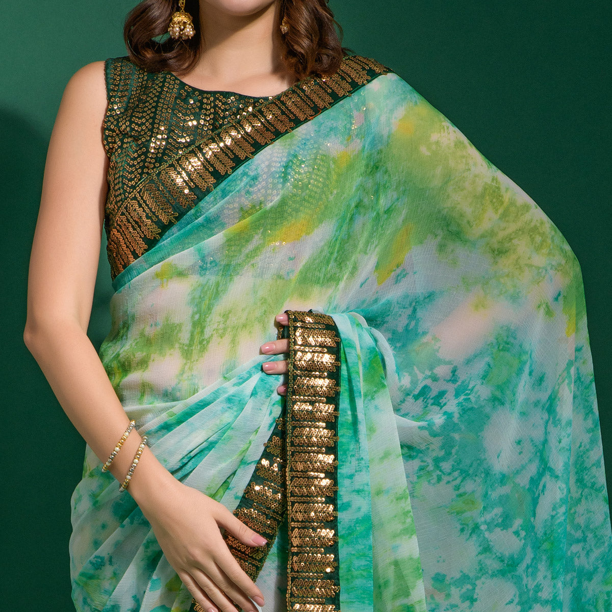 green-printed-with-sequins-border-chiffon-saree