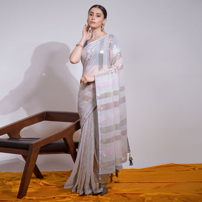 Grey Sequins Embroidered Georgette Saree