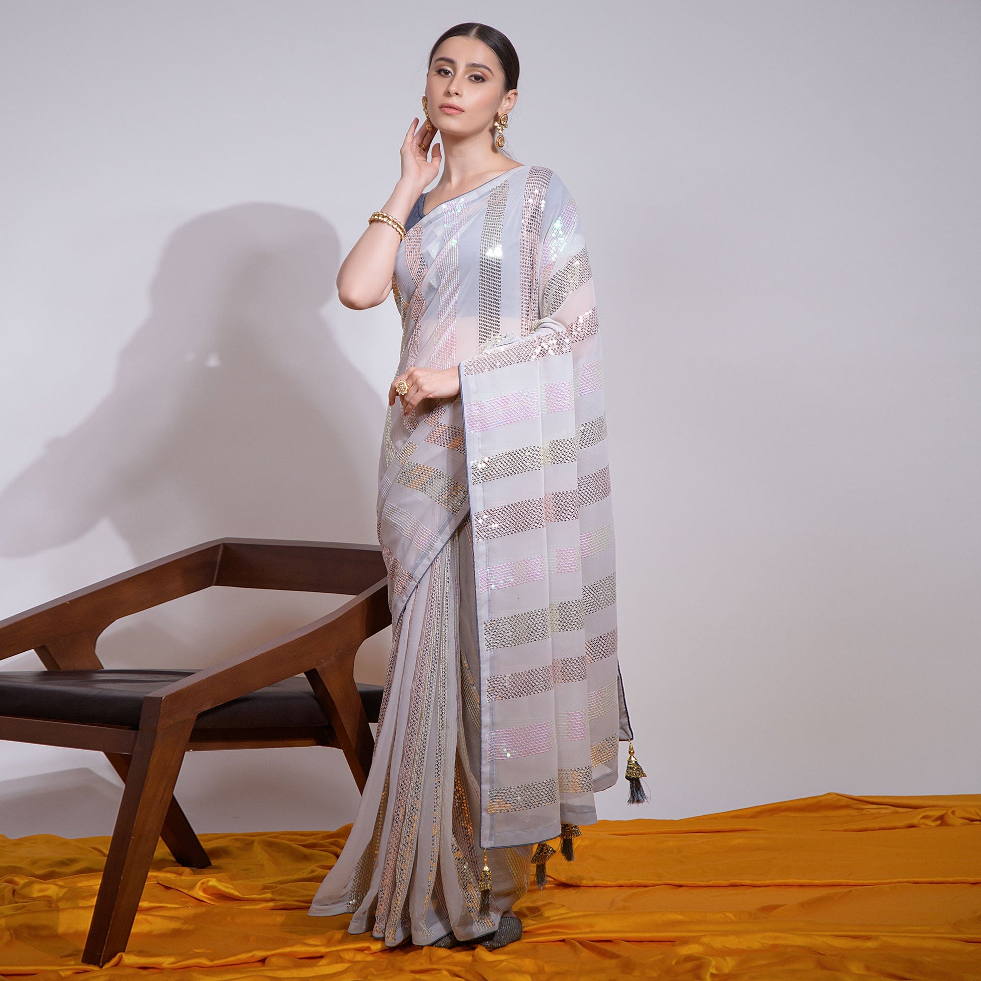 Grey Sequins Embroidered Georgette Saree