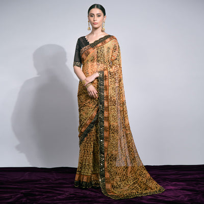 Brown Foil Printed Chiffon Saree With Embroidered Border